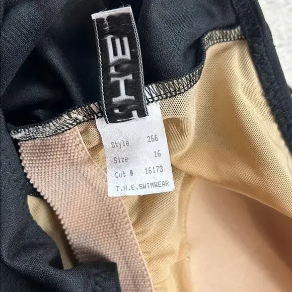 Vintage 90s does 60s T.H.E. black one piece swimsuit swim skirt, size 16 - Picture 7 of 8